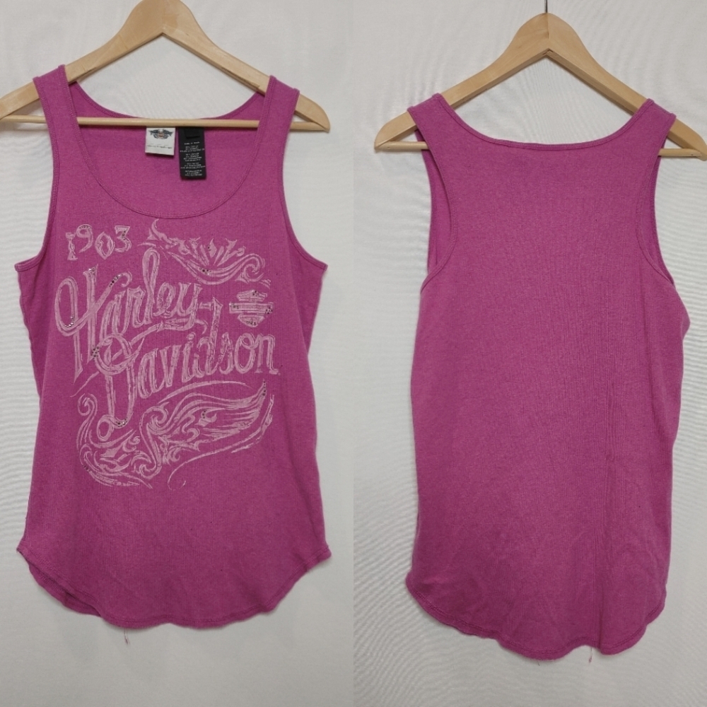 Harley Davidson Ribbed Pink Tank Top Gem Detail White Font Cotton Blend L XL